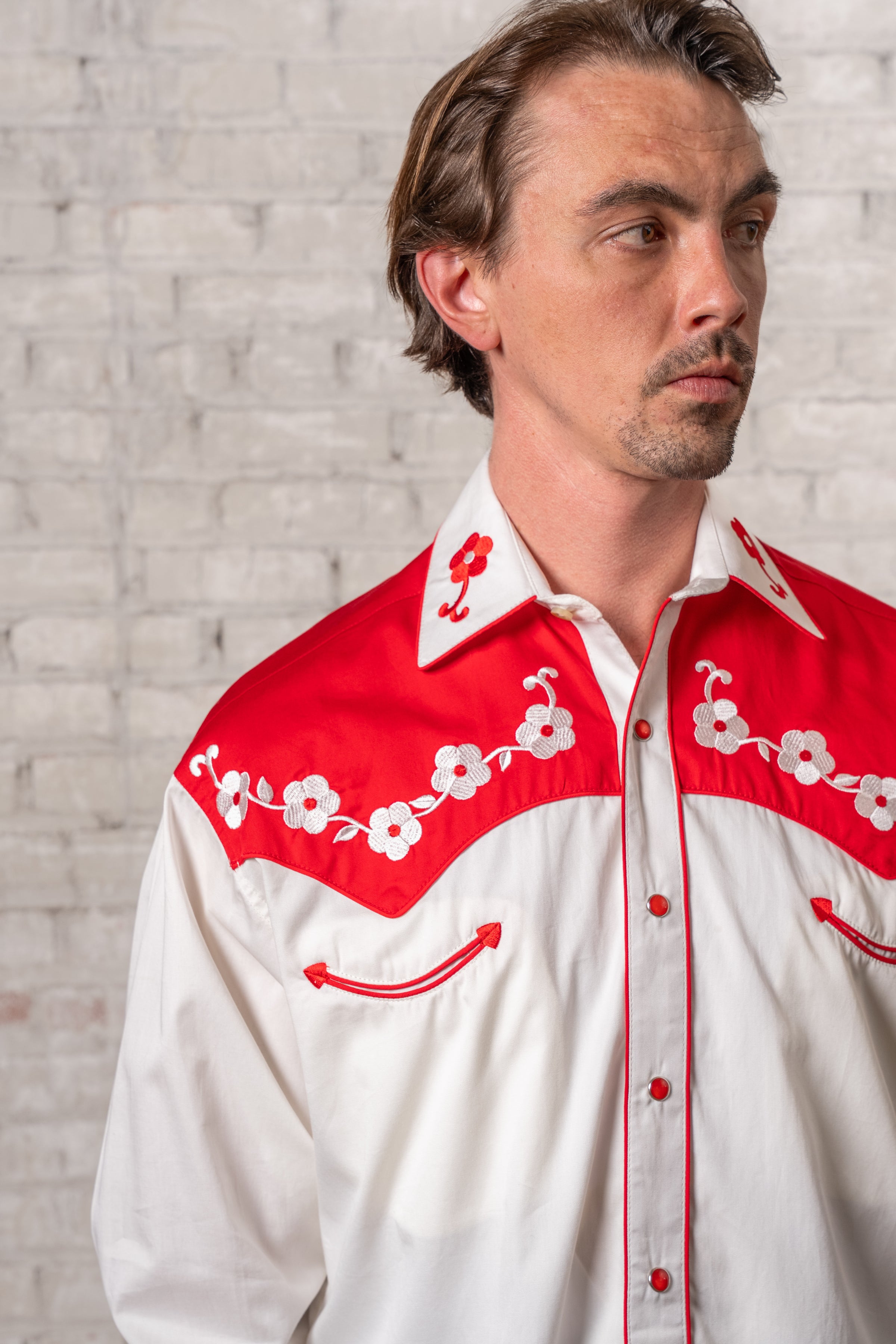 Men's 2-Tone Elvis Loving You Floral Embroidery Western Shirt