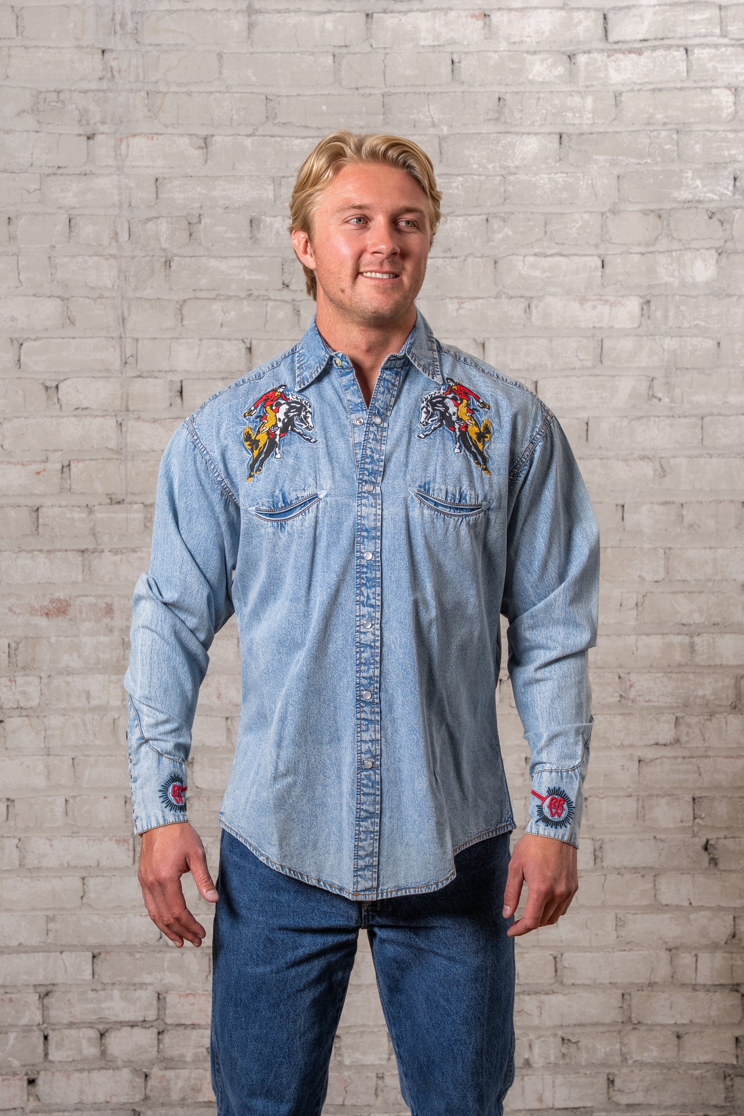 Men’s Rockmount Vintage Denim Bronc Embroidered Western Shirt