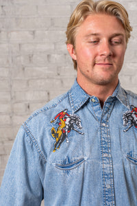 Men’s Rockmount Vintage Denim Bronc Embroidered Western Shirt