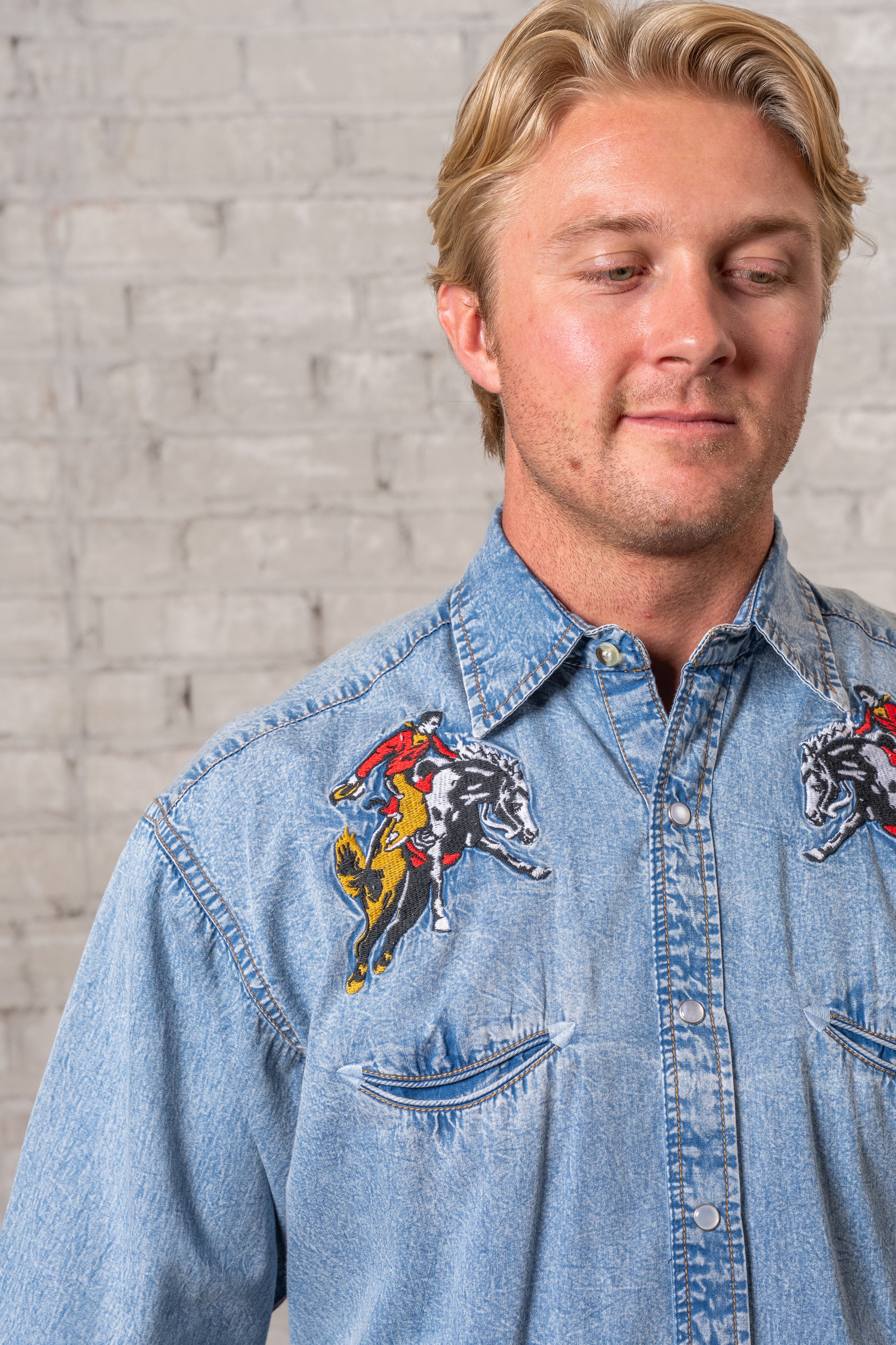Men’s Rockmount Vintage Denim Bronc Embroidered Western Shirt