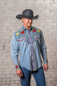 Men's Vintage Denim Floral Embroidered Western Shirt