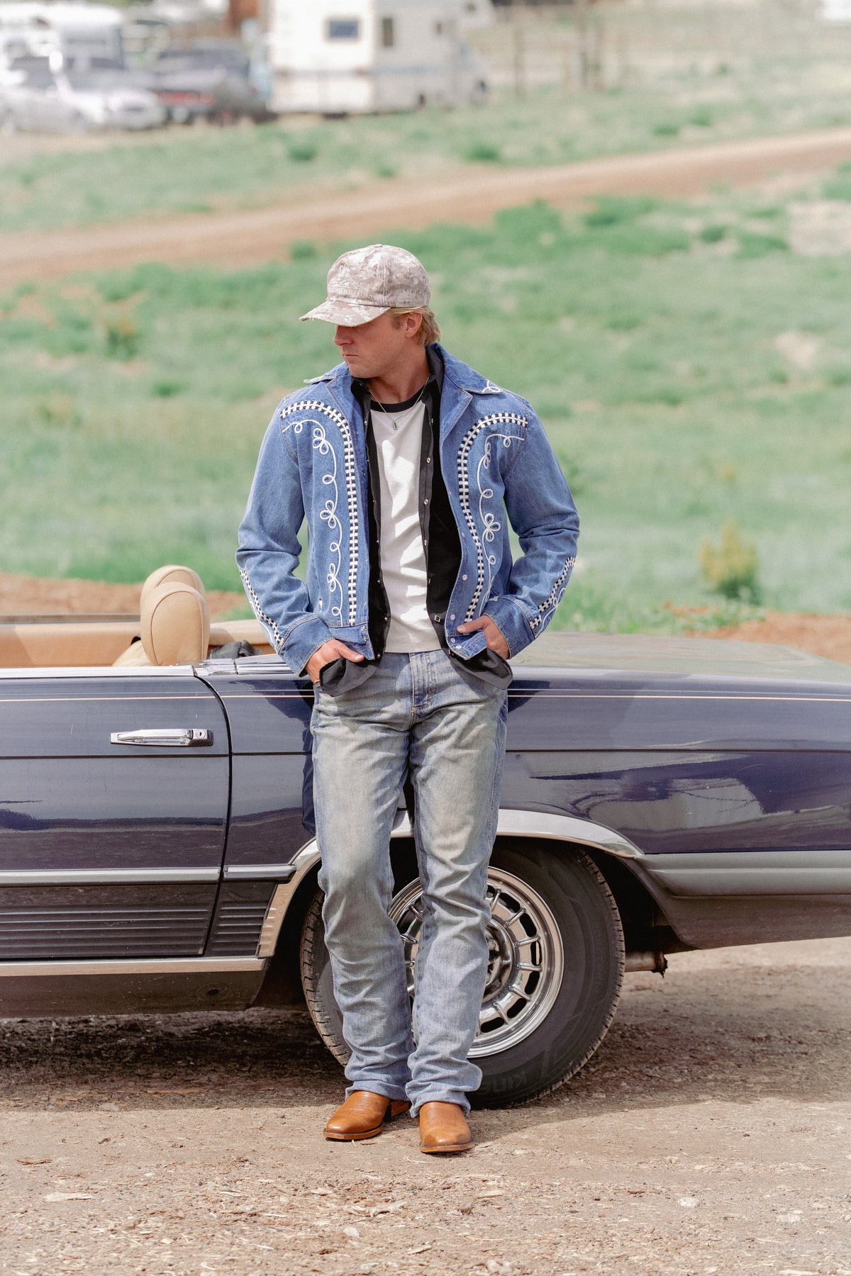 Men's Vintage Western Denim Bolero Jacket with White Rope Embroidery