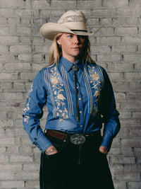 Women's Denim Boho Floral Embroidered Western Shirt