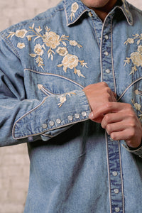 Men's Vintage Denim Floral Embroidered Western Shirt