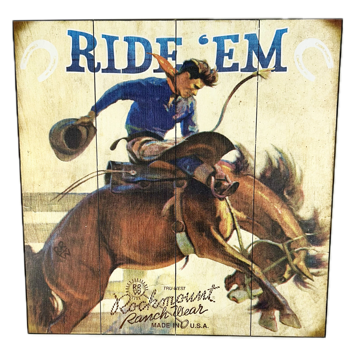 Cowboy Ride 'Em Bronc Distressed Wood Western Sign - Rockmount