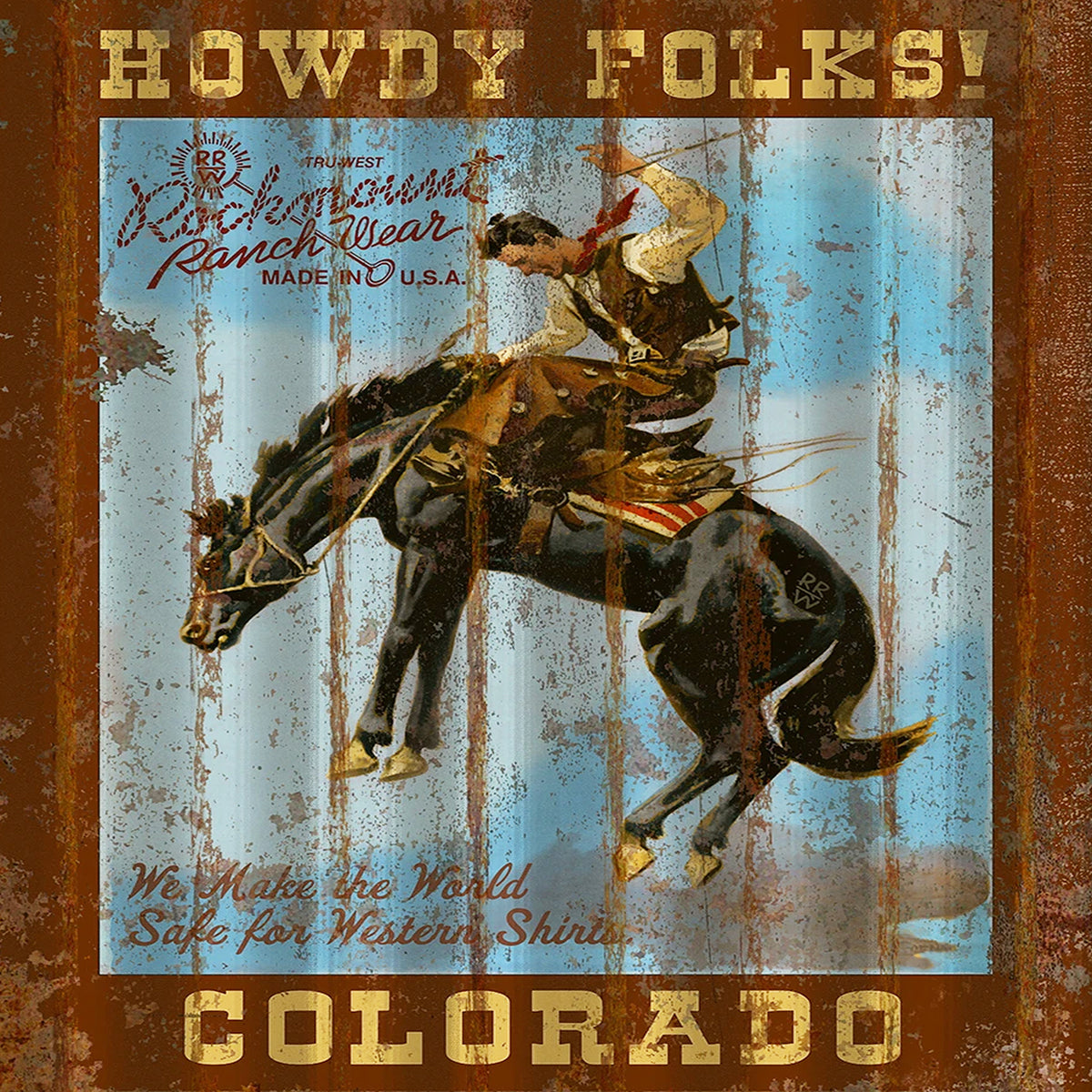 Howdy Folks Corrugated Distressed Metal Western Sign - Rockmount