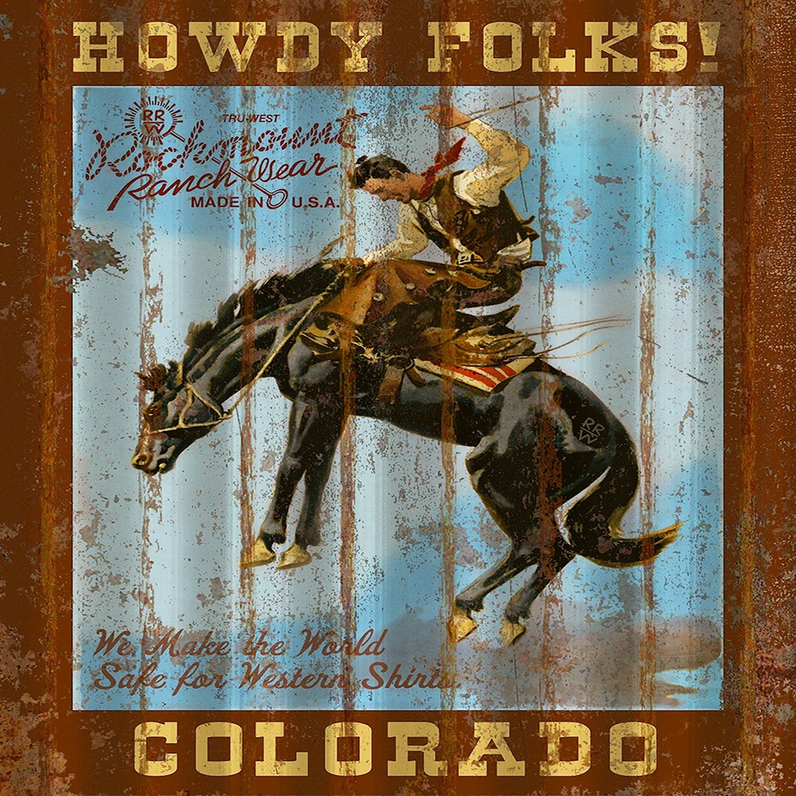 Howdy Folks Corrugated Distressed Metal Western Sign - Rockmount
