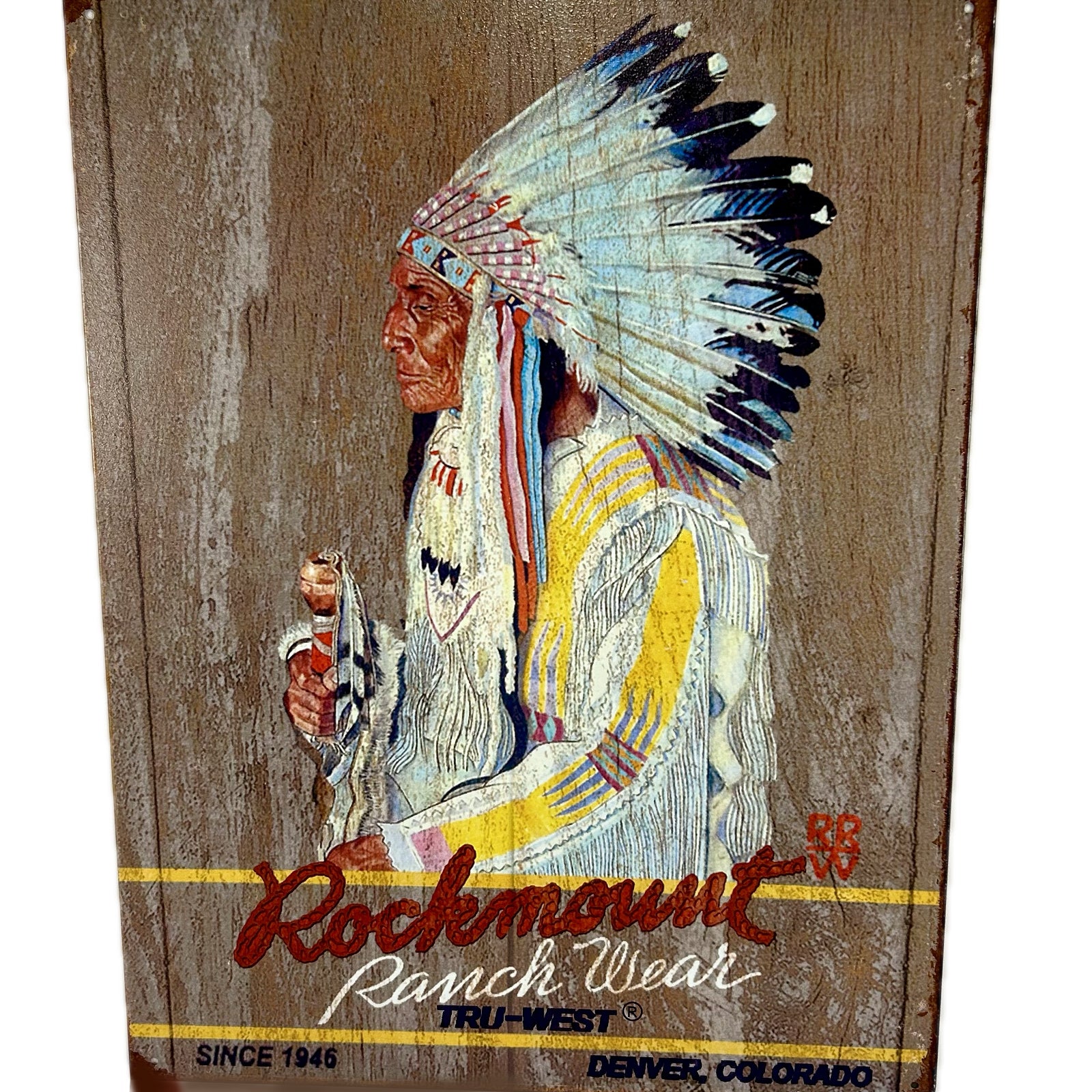 Rockmount Indian Chief Tin Metal Western Sign - Rockmount