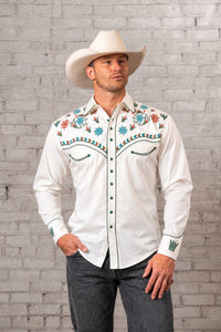 Men’s Ivory Agave Cactus Floral Embroidered Western Shirt