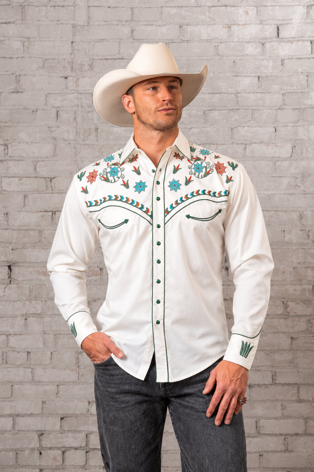 Men’s Ivory Agave Cactus Floral Embroidered Western Shirt