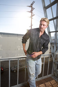 Men's Black Stonewashed Denim Blanket Stitch Western Shirt