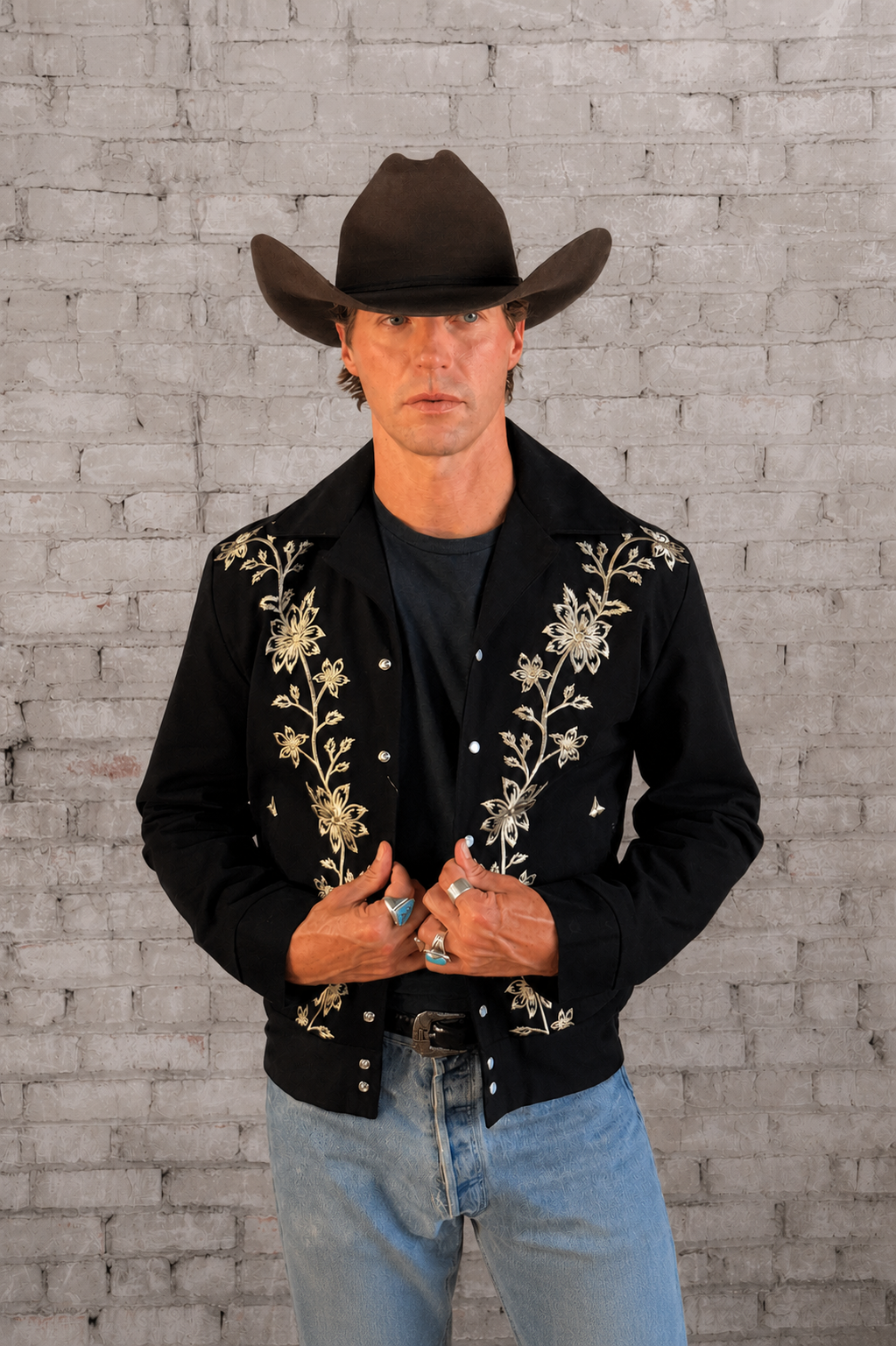 Men’s Vintage Western Bolero Jacket with Ivory Floral Embroidery