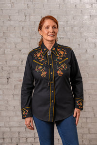 Women's Vintage Black Variegated Floral Embroidered Western Shirt