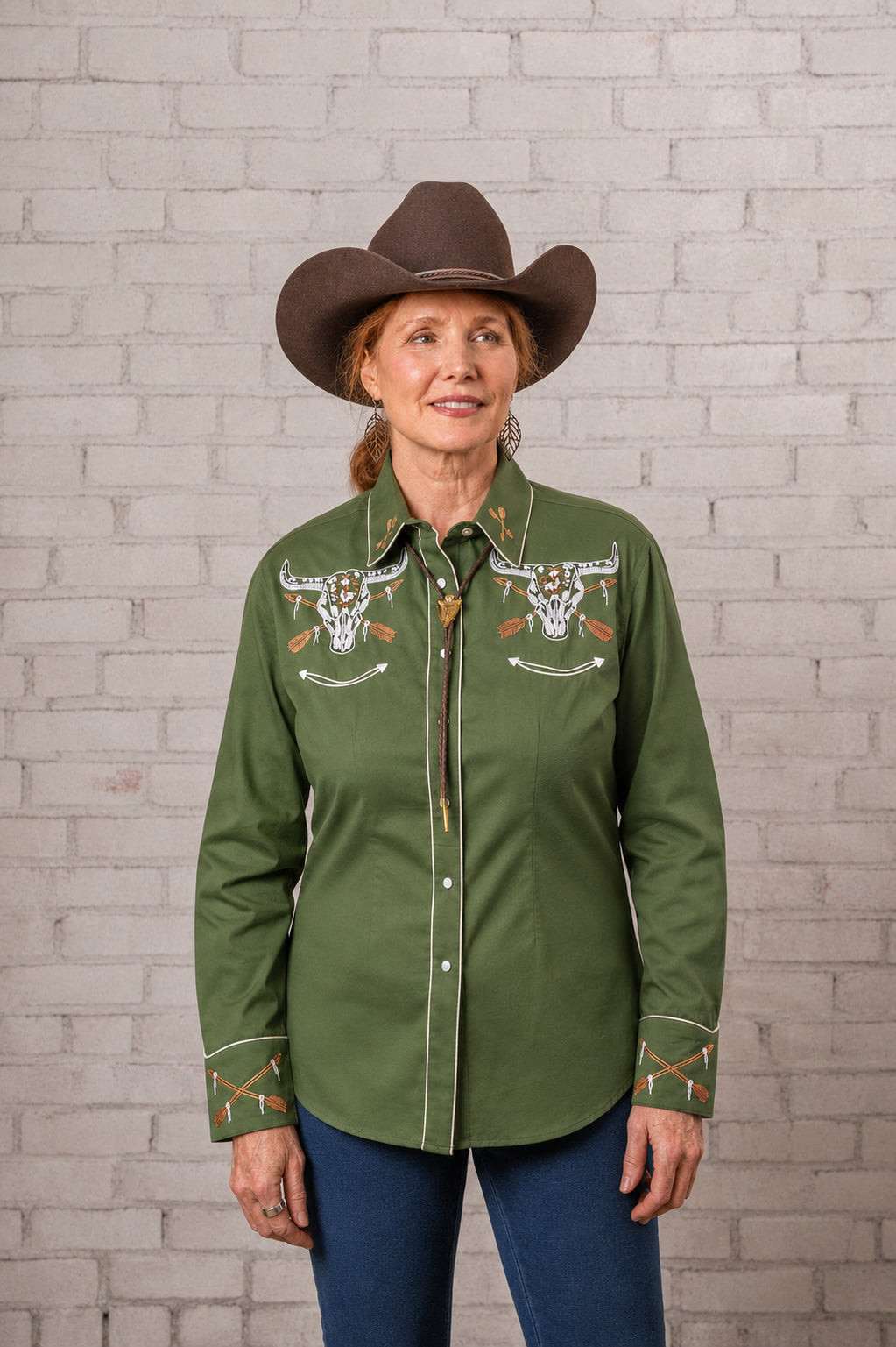Women’s Vintage Green Steer Skull & Arrow Chain Stitch Embroidered Western Shirt