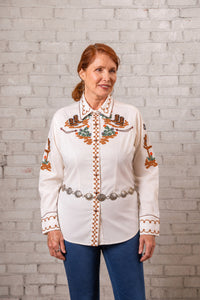 Women's Vintage Ivory Cactus & Cowgirl Boots Embroidered Western Shirt