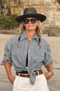 Women's Signature Denim Pinstripe Western Shirt by Rockmount Ranch Wear in vintage blue denim with sawtooth pocket