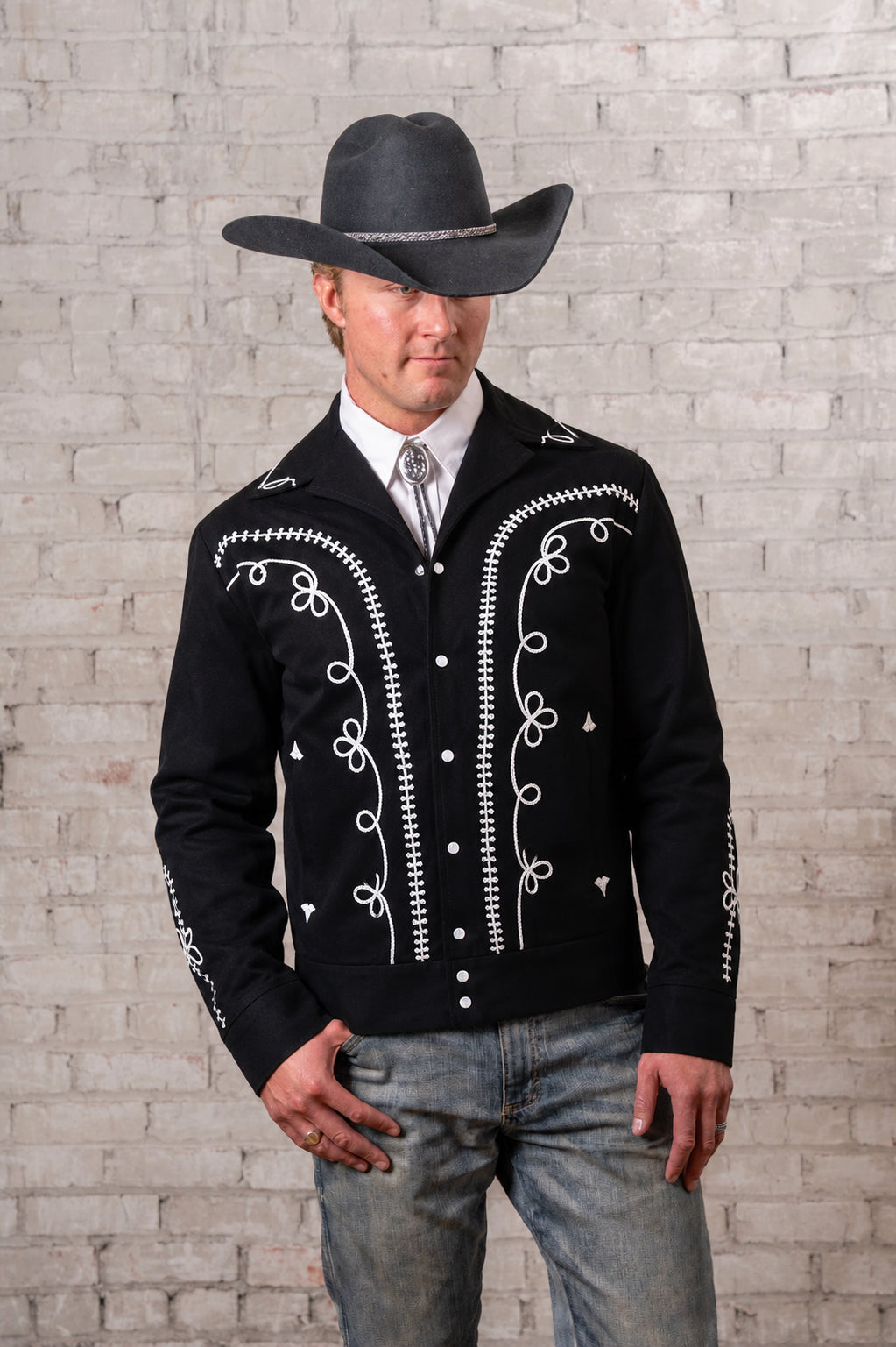 Men's Vintage Western Bolero Jacket with White Rope Embroidery