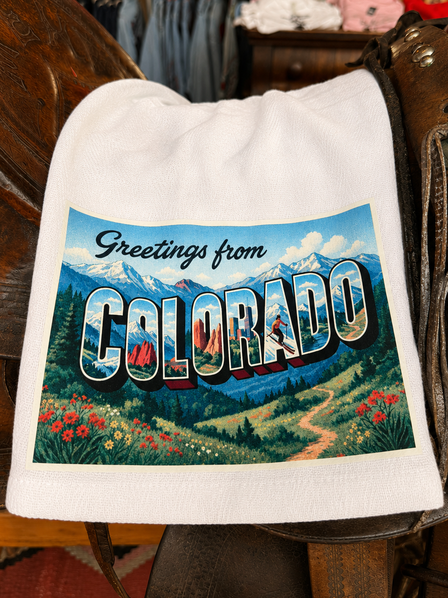 Greetings from Colorful Colorado Western Tea Towel