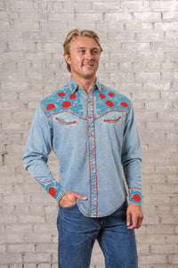 Men’s Vintage Denim Red Floral & Turquoise Embroidered Western Shirt