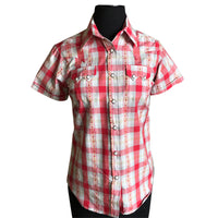 Women's Shadow Plaid Dobby Lurex Short Sleeve Western Shirt in Red - Rockmount