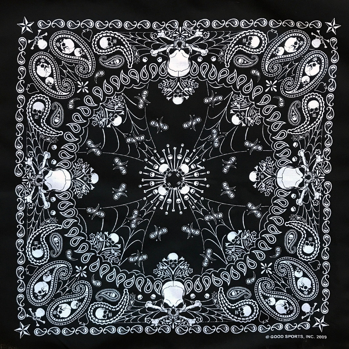 Paisley Western Cotton Bandana in Black with Skulls & Crossbones - Rockmount