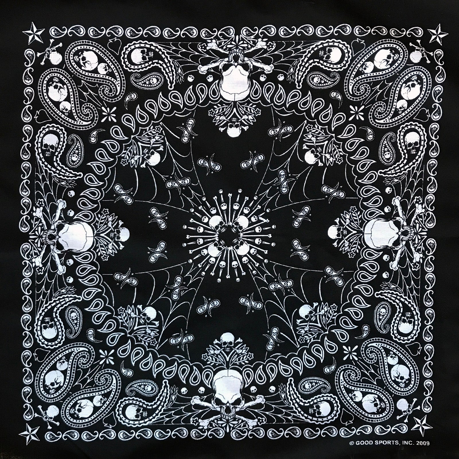 Paisley Western Cotton Bandana in Black with Skulls & Crossbones - Rockmount